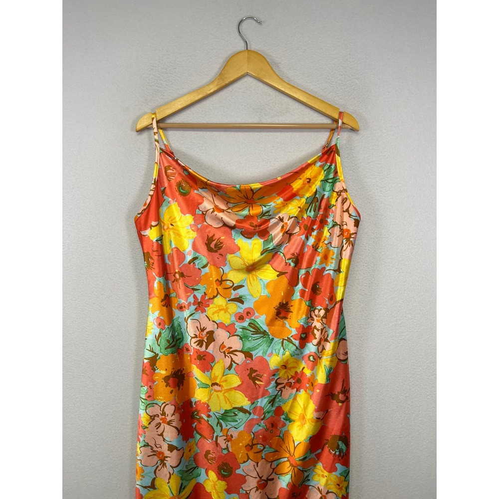 Y2K Tropical‎ a...love story XL Orange Floral Cowl Neck Satin Midi Slip Dress - Picture 8 of 10
